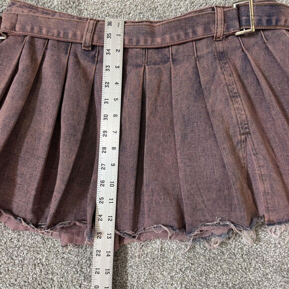 Fashion Nova Skirt Womens XL Pink Denim Pleated Mini Belted Raw Hem Micro Grunge - Picture 9 of 11